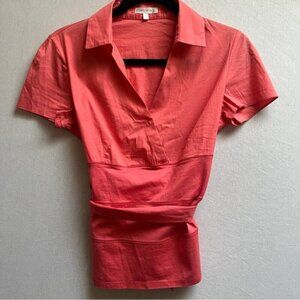 Paule Ka Coral Collared Belted Wrap Blouse Short Sleeve Cotton Sz S